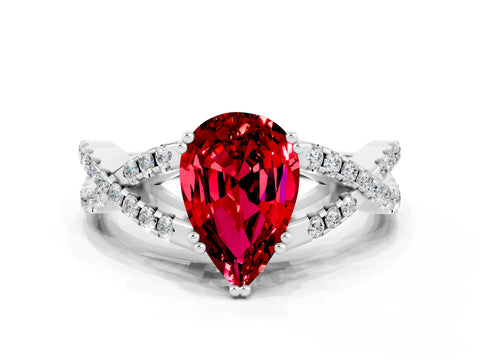 White gold Pear Cut Ruby Solitaire Ring with Four-Prong Setting and Twisted Pavé Band