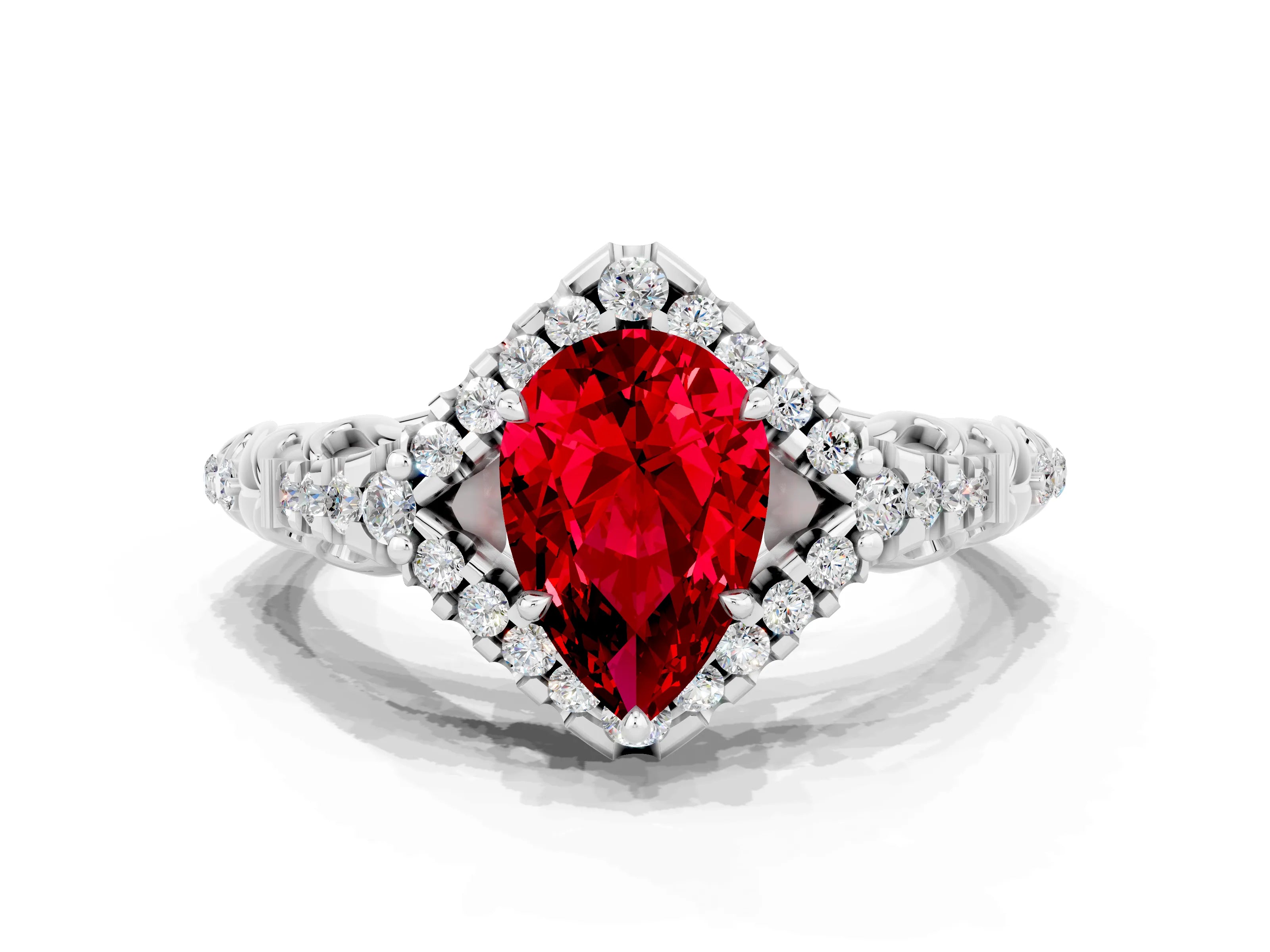 White gold Pear Cut Ruby Solitaire Ring with Hidden Halo and Pavé Band_12