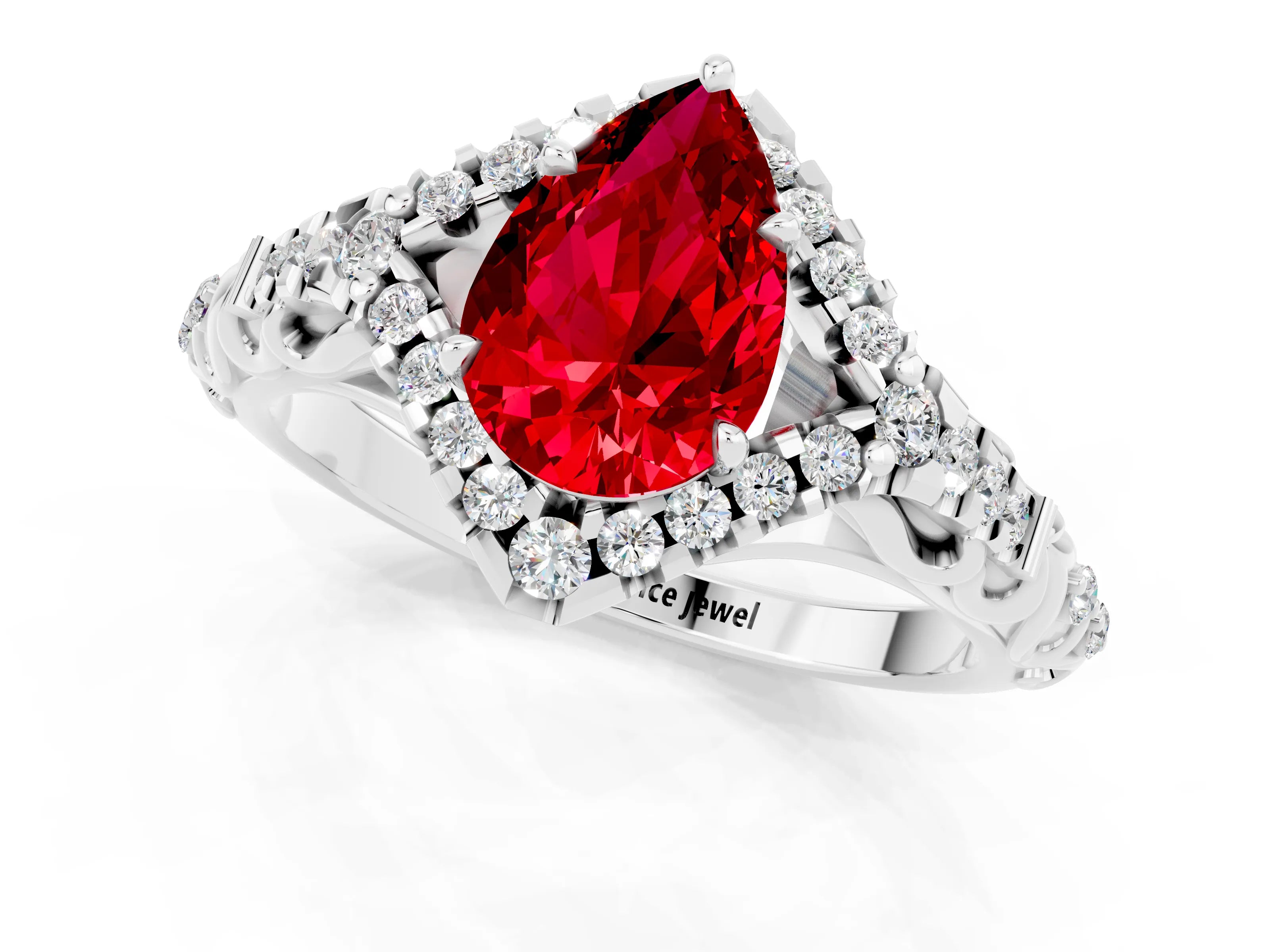 White gold Pear Cut Ruby Solitaire Ring with Hidden Halo and Pavé Band_13