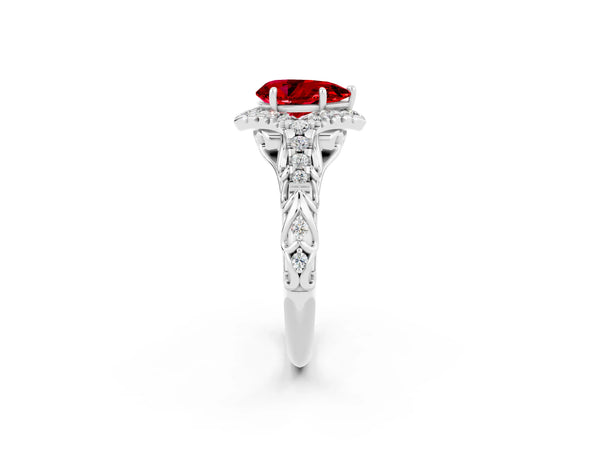 Silver Pear Cut Ruby Solitaire Ring with Hidden Halo and Pavé Band