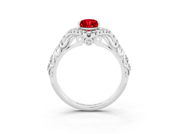 Platinum Pear Cut Ruby Solitaire Ring with Hidden Halo and Pavé Band