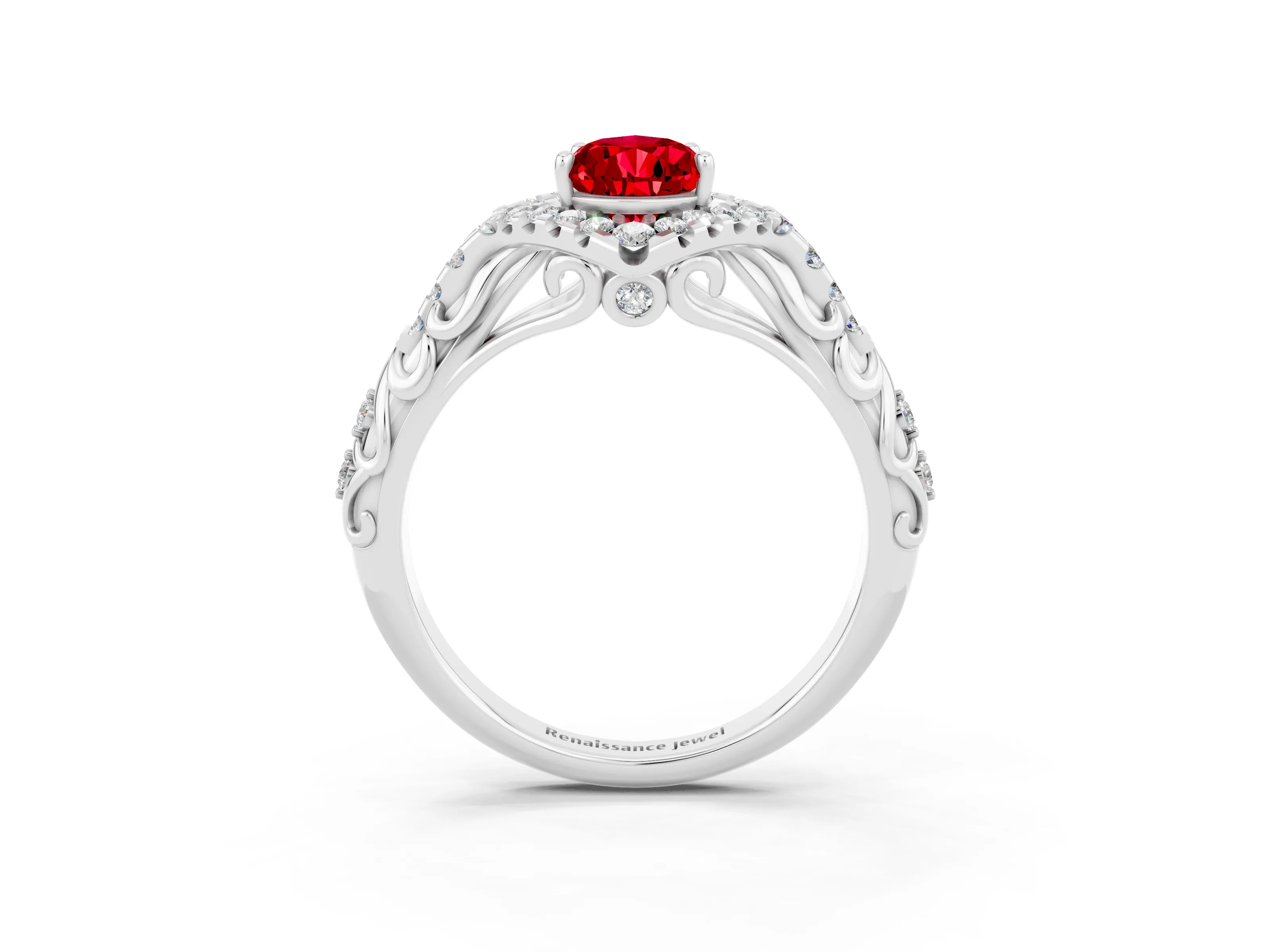 White gold Pear Cut Ruby Solitaire Ring with Hidden Halo and Pavé Band_15