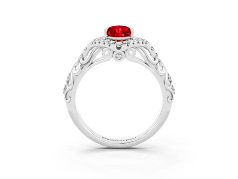 White gold Pear Cut Ruby Solitaire Ring with Hidden Halo and Pavé Band_15