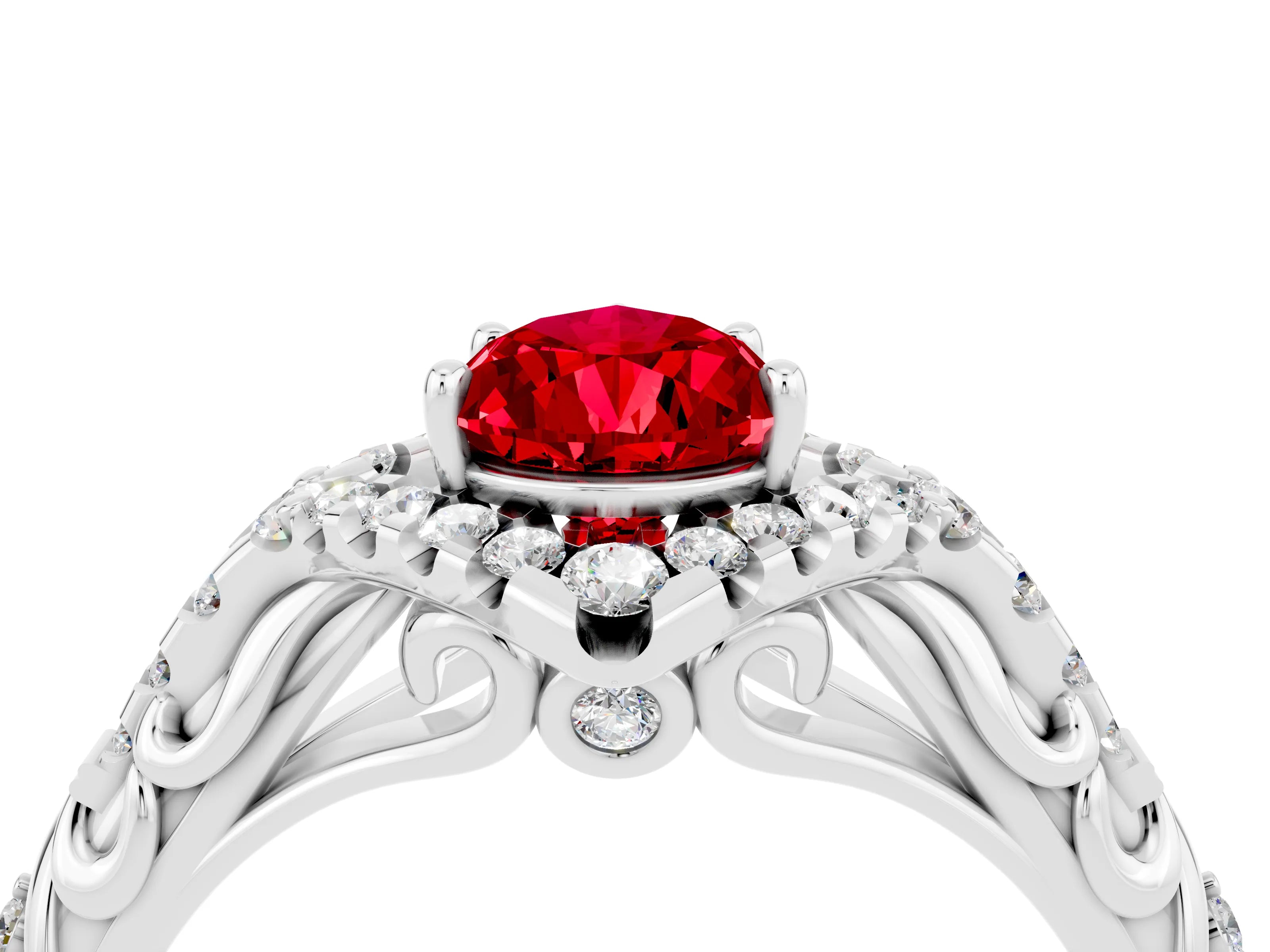 White gold Pear Cut Ruby Solitaire Ring with Hidden Halo and Pavé Band_16