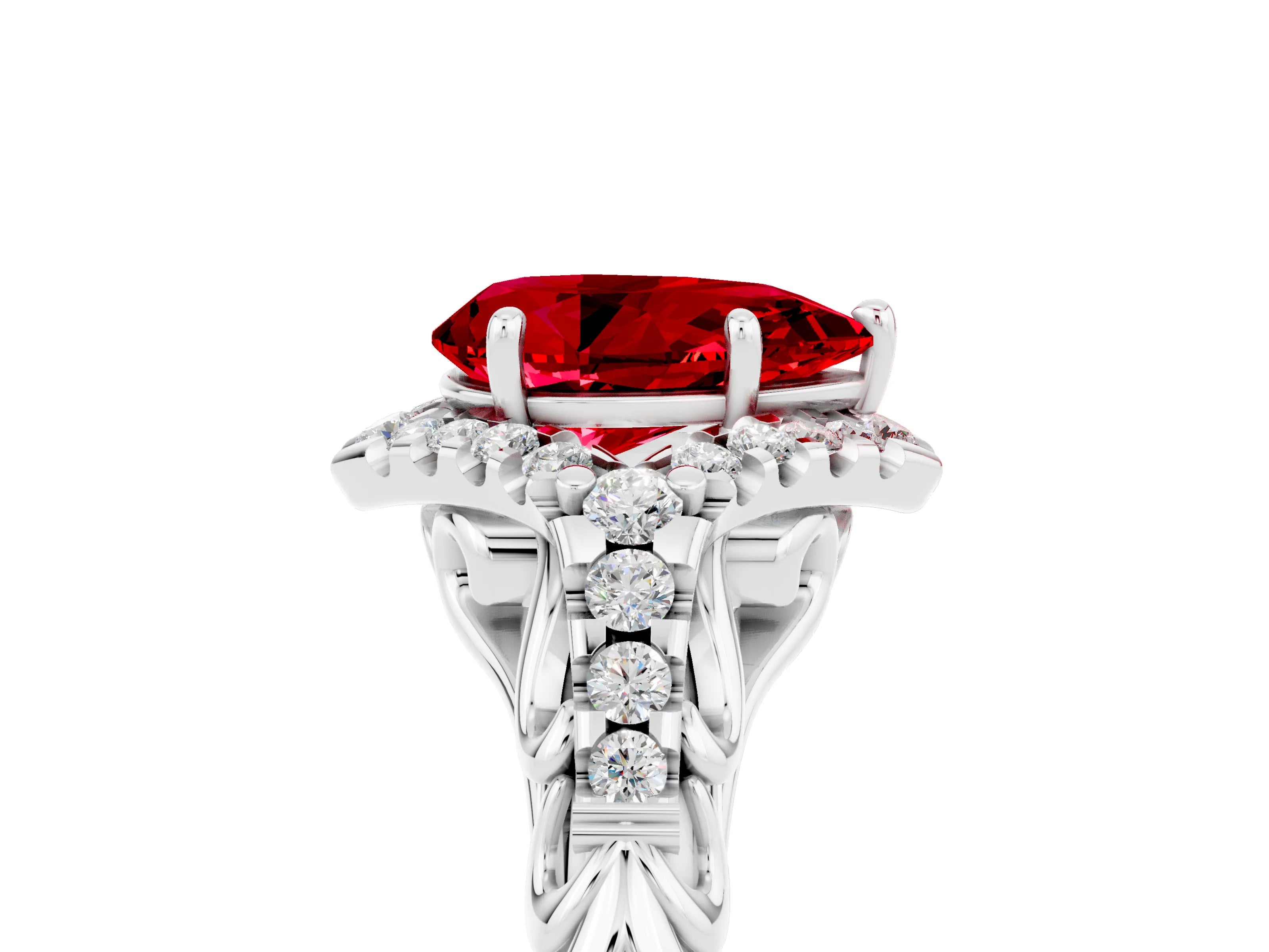 White gold Pear Cut Ruby Solitaire Ring with Hidden Halo and Pavé Band_17