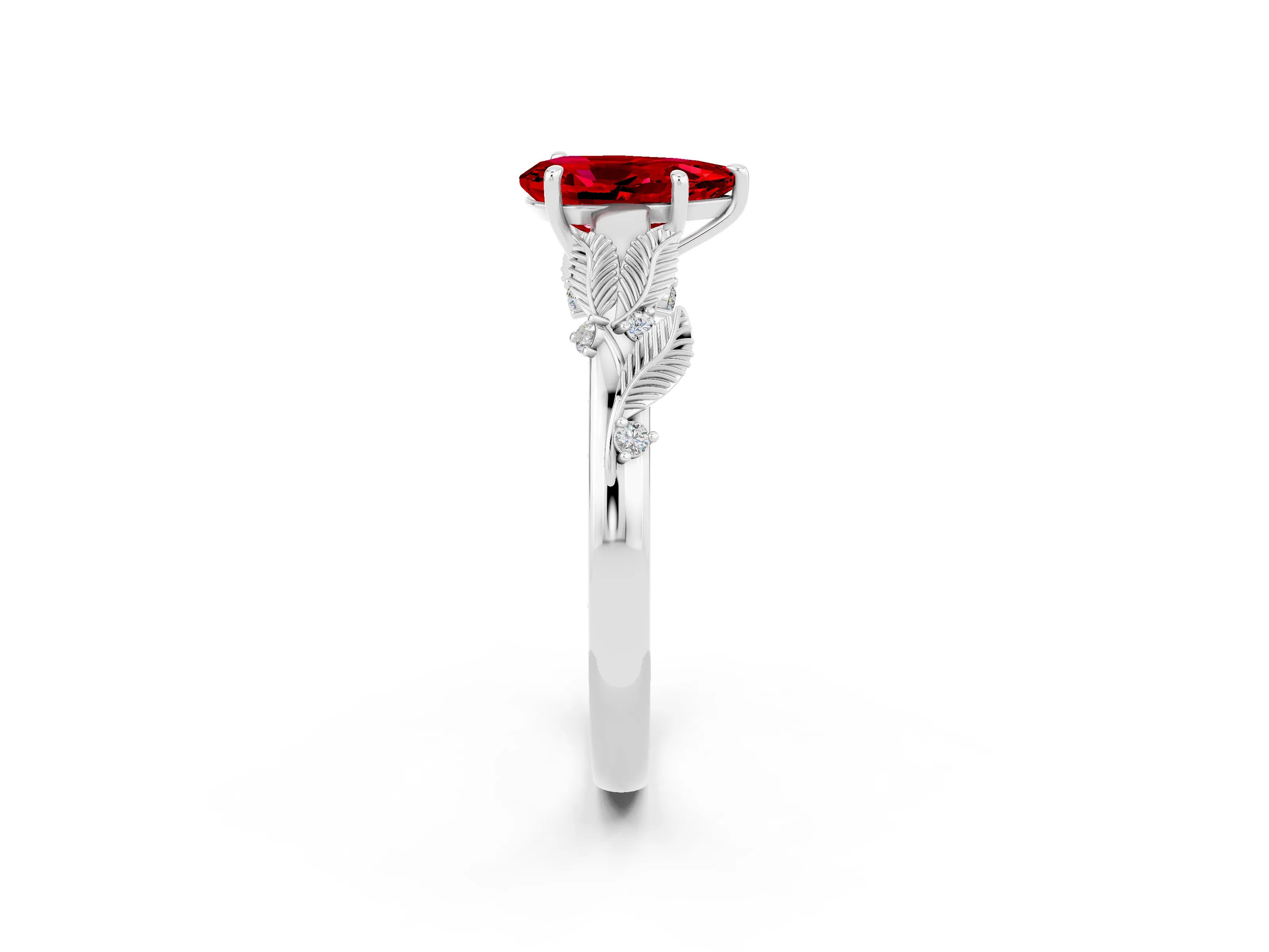 White gold Pear Cut Ruby Solitaire Ring with Leaf Motif Band and Four-Prong Setting_14