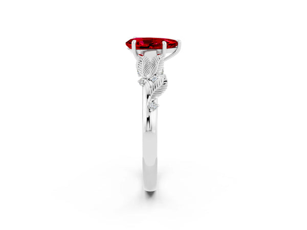 White gold Pear Cut Ruby Solitaire Ring with Leaf Motif Band and Four-Prong Setting
