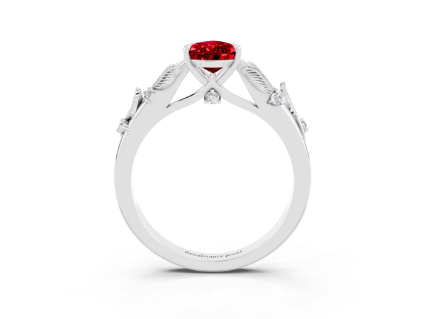 White gold Pear Cut Ruby Solitaire Ring with Leaf Motif Band and Four-Prong Setting
