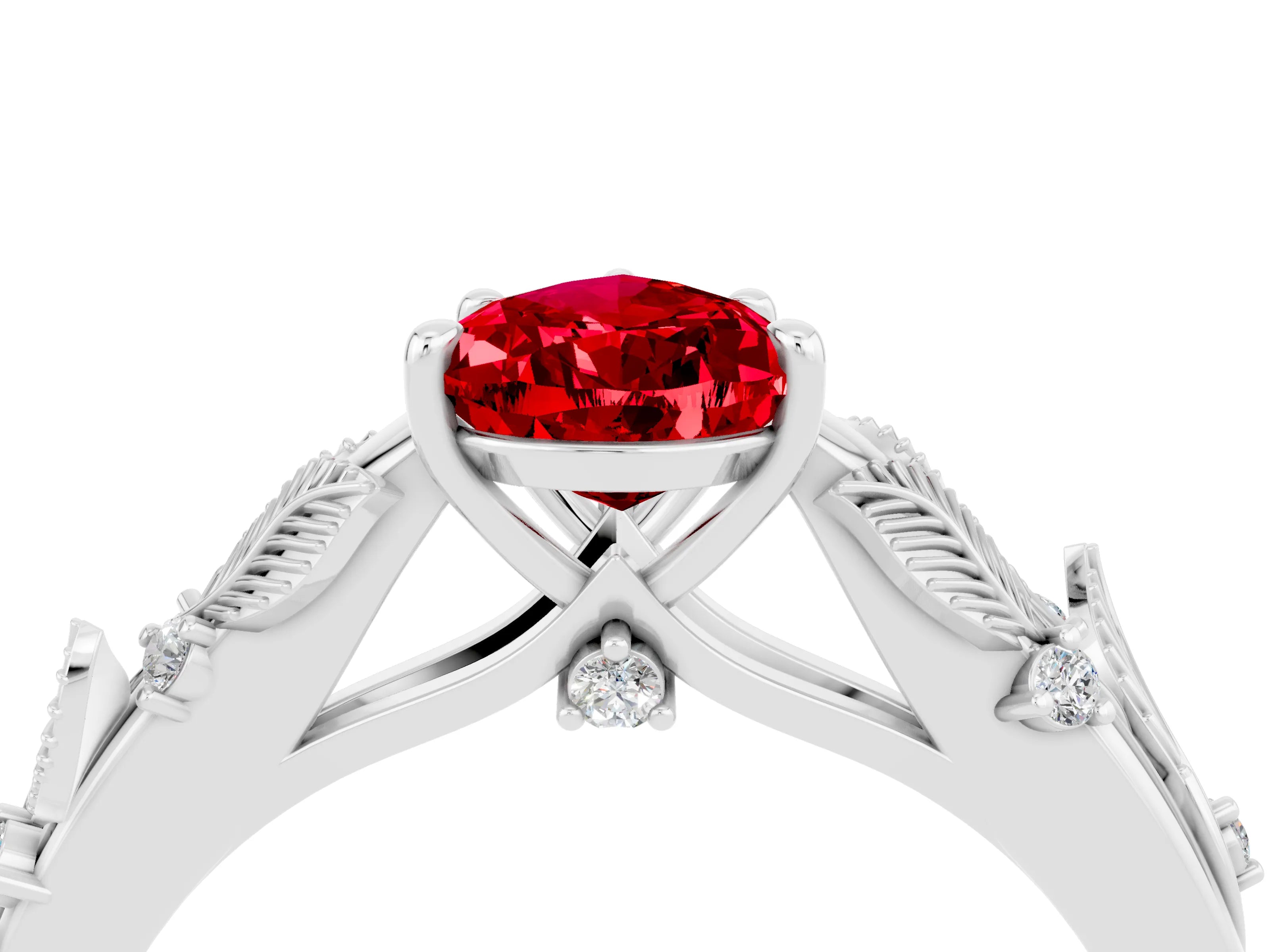 White gold Pear Cut Ruby Solitaire Ring with Leaf Motif Band and Four-Prong Setting_16