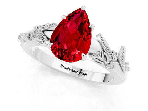 White gold Pear Cut Ruby Solitaire Ring with Leaf Motif Band and Four-Prong Setting_1