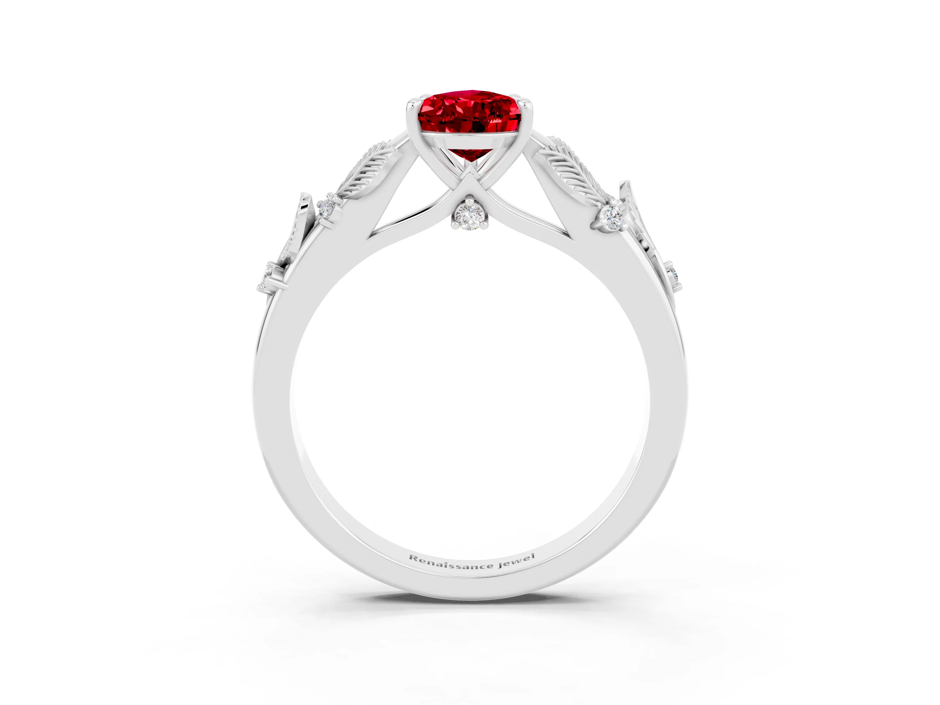 White gold Pear Cut Ruby Solitaire Ring with Leaf Motif Band and Four-Prong Setting_3