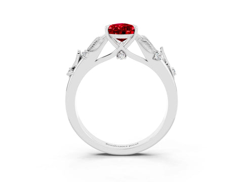 White gold Pear Cut Ruby Solitaire Ring with Leaf Motif Band and Four-Prong Setting_3