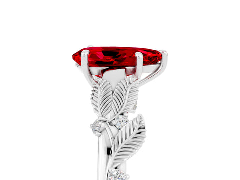 White gold Pear Cut Ruby Solitaire Ring with Leaf Motif Band and Four-Prong Setting_5