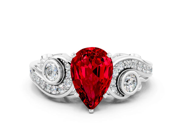 Silver Pear Cut Ruby Solitaire Ring with Milgrain Pavé Band and Four-Prong Setting