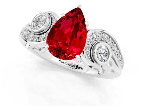 White gold Pear Cut Ruby Solitaire Ring with Milgrain Pavé Band and Four-Prong Setting_13