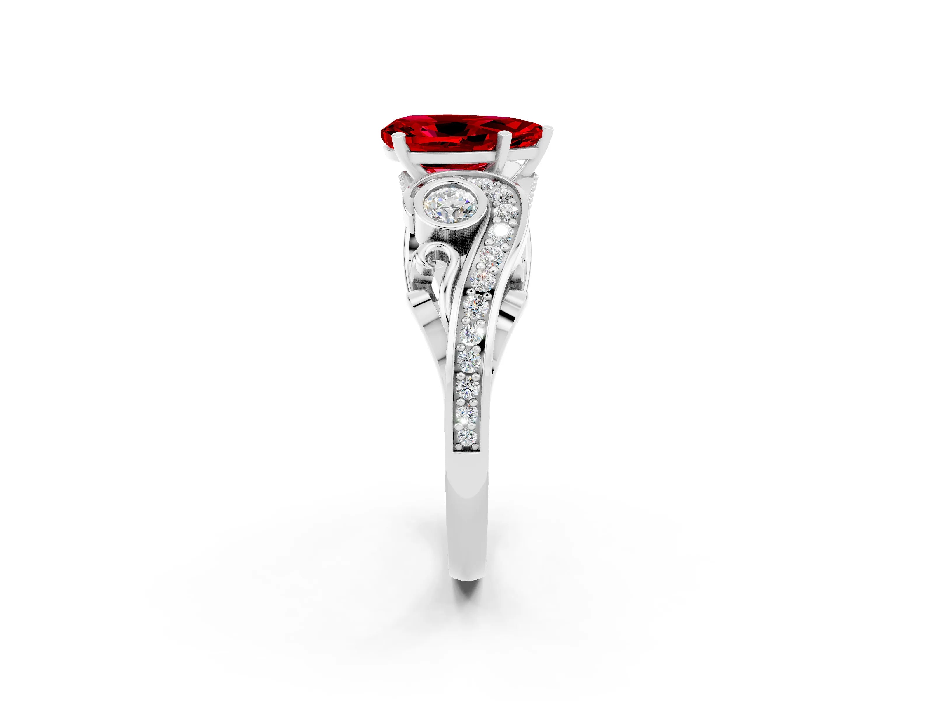 White gold Pear Cut Ruby Solitaire Ring with Milgrain Pavé Band and Four-Prong Setting_14