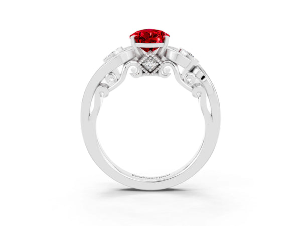 Platinum Pear Cut Ruby Solitaire Ring with Milgrain Pavé Band and Four-Prong Setting