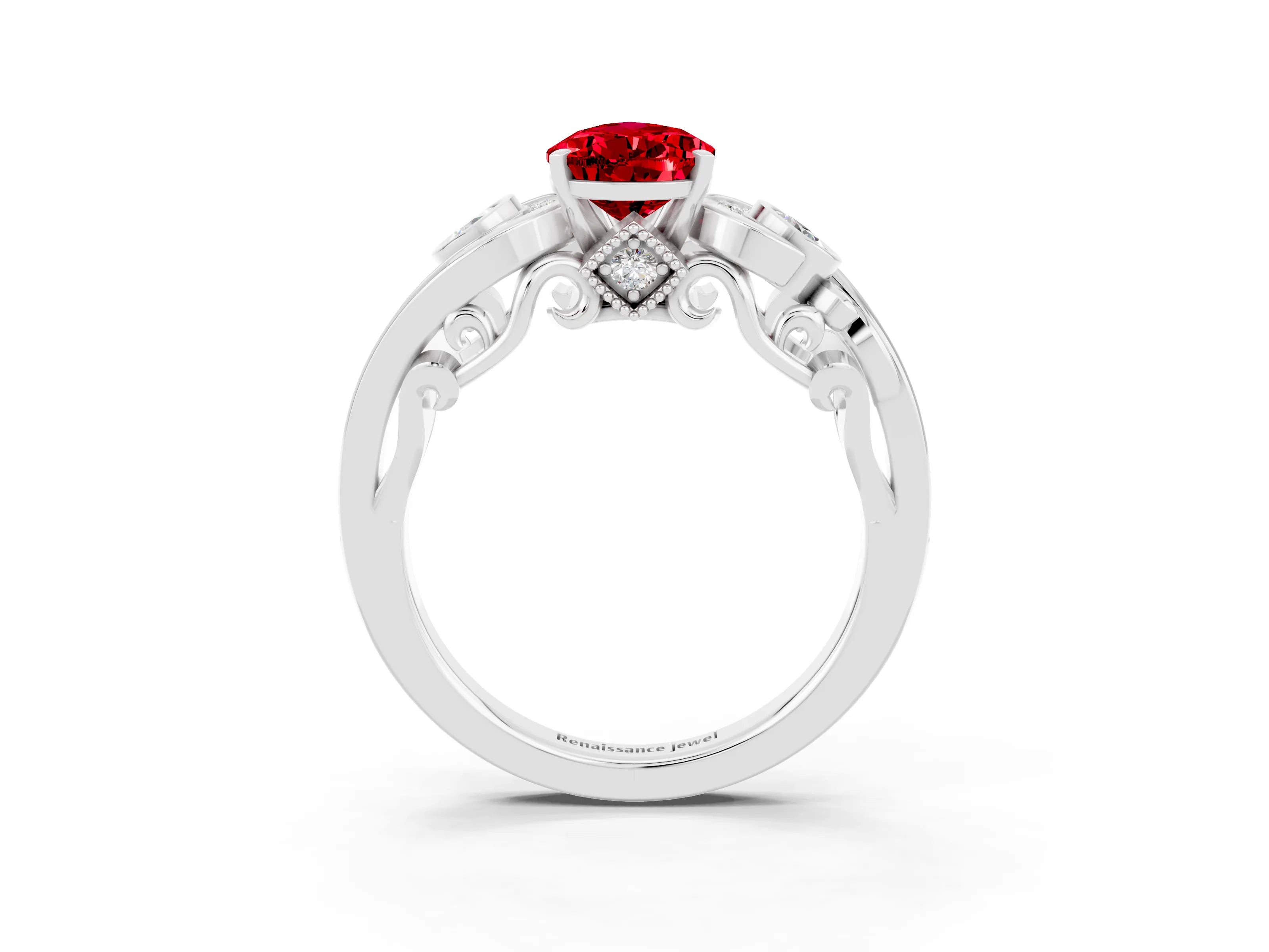 White gold Pear Cut Ruby Solitaire Ring with Milgrain Pavé Band and Four-Prong Setting_15