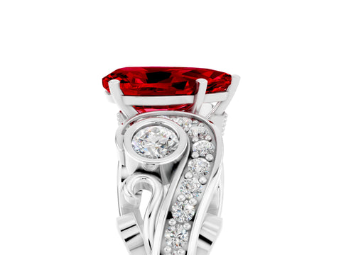 White gold Pear Cut Ruby Solitaire Ring with Milgrain Pavé Band and Four-Prong Setting_17