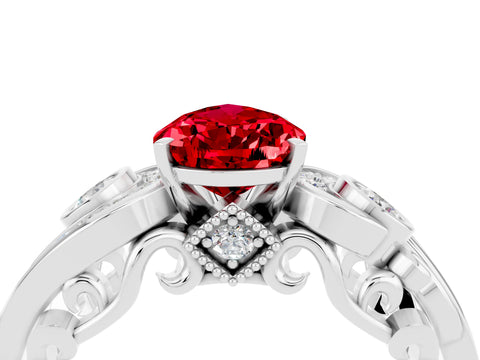 White gold Pear Cut Ruby Solitaire Ring with Milgrain Pavé Band and Four-Prong Setting_52