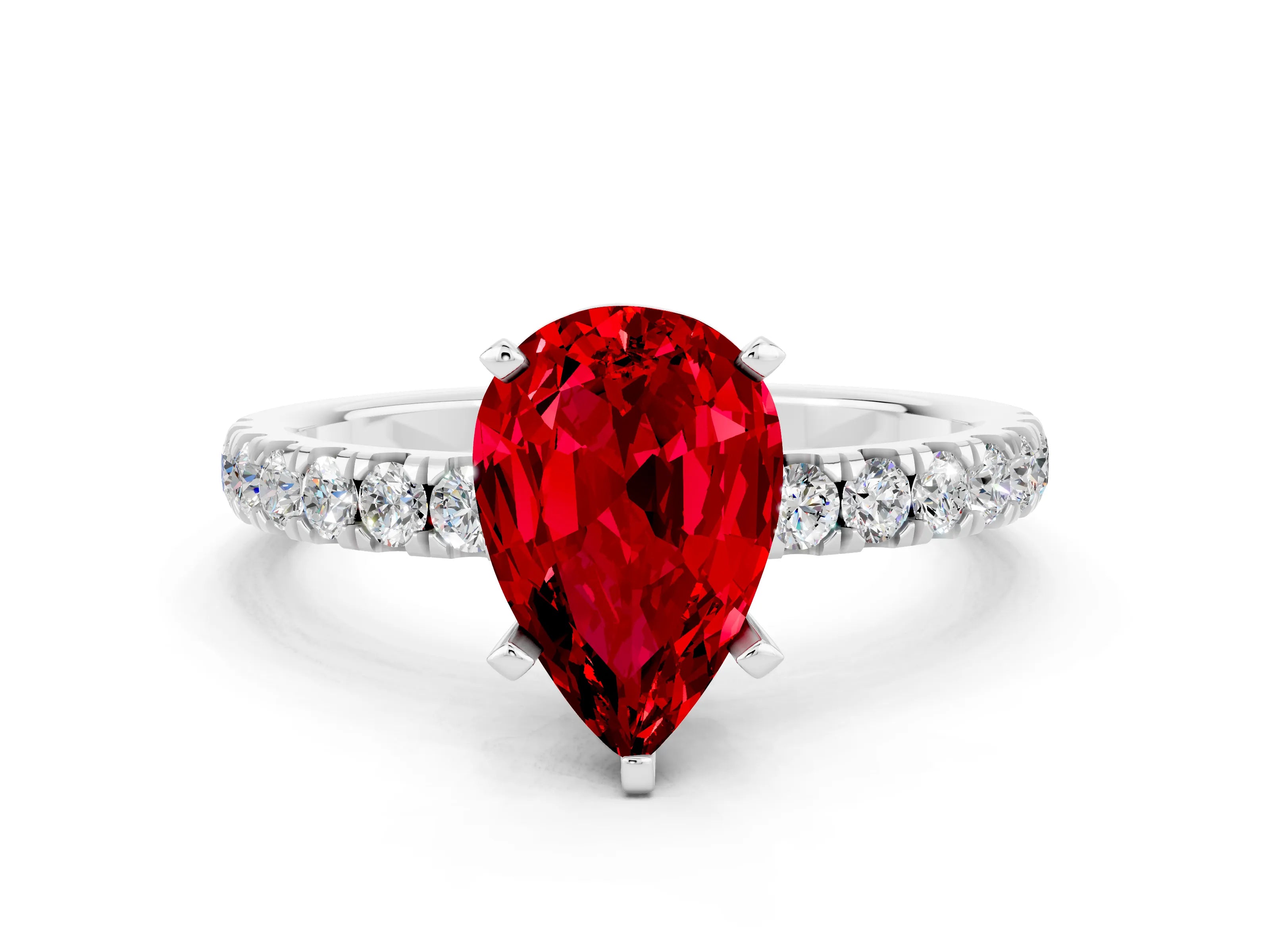 White gold Pear Cut Ruby Solitaire Ring with Pavé Accents and Four-Prong Setting