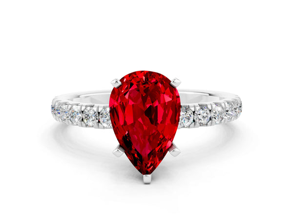 Platinum Pear Cut Ruby Solitaire Ring with Pavé Accents and Four-Prong Setting