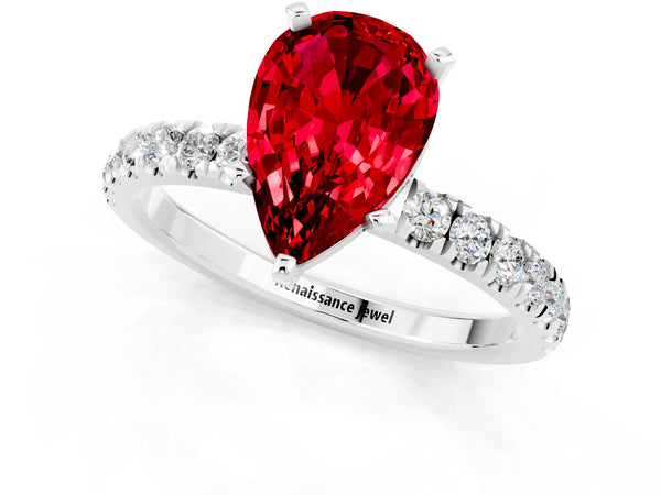White gold Pear Cut Ruby Solitaire Ring with Pavé Accents and Four-Prong Setting