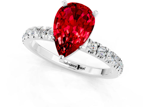 White gold Pear Cut Ruby Solitaire Ring with Pavé Accents and Four-Prong Setting_1