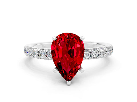 White gold Pear Cut Ruby Solitaire Ring with Pavé Accents and Four-Prong Setting