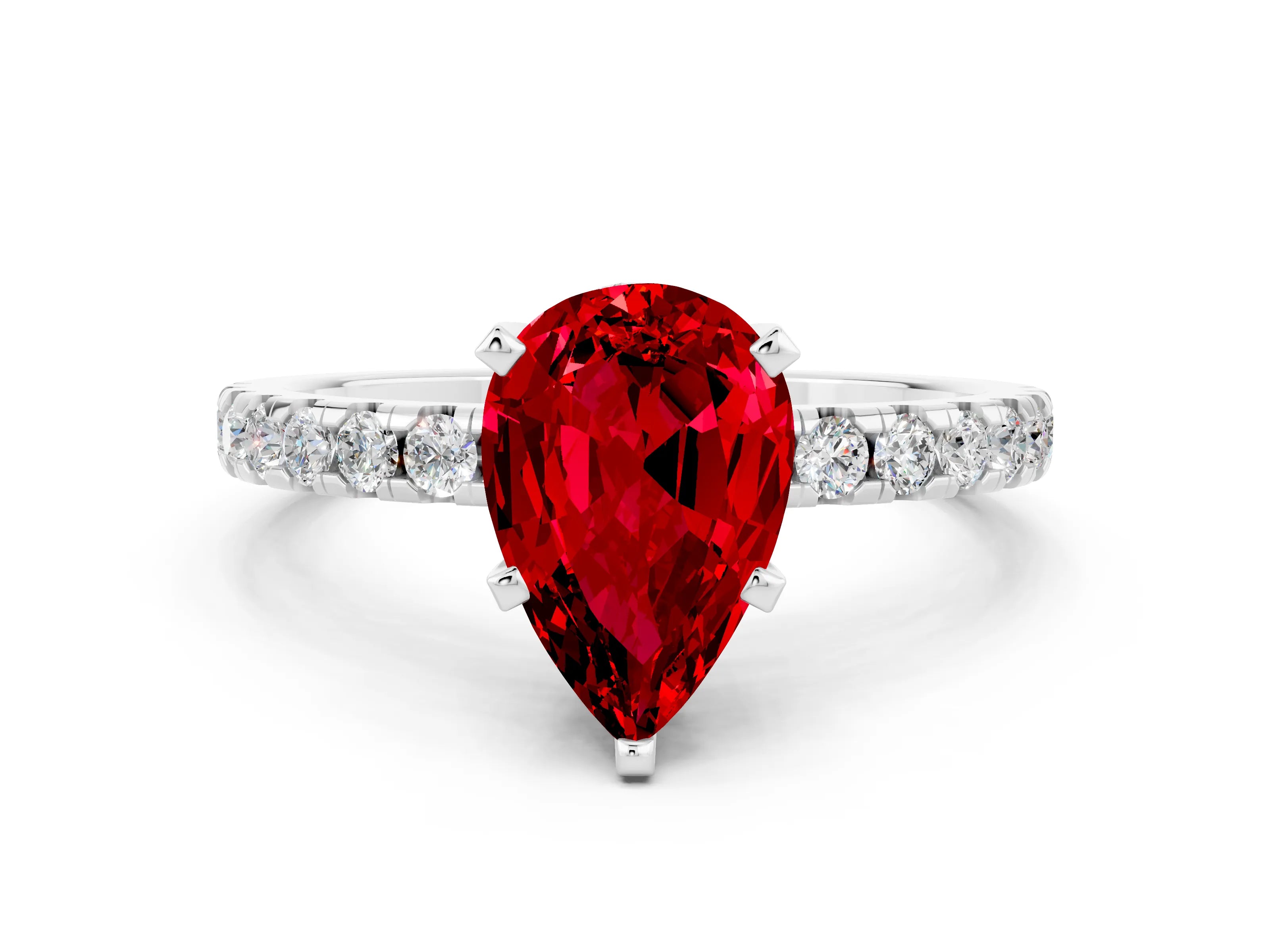 White gold Pear Cut Ruby Solitaire Ring with Pavé Band and Four-Prong Setting_24