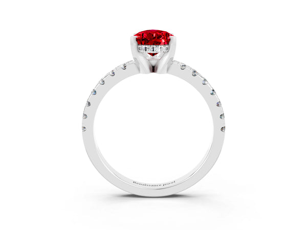 Platinum Pear Cut Ruby Solitaire Ring with Round  Pavé Band and Four-Prong Setting