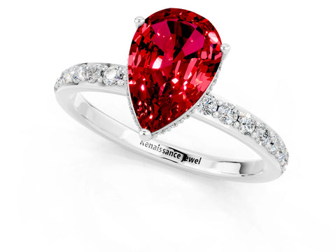 White gold Pear Cut Ruby Solitaire Ring with Pavé Band and Hidden Halo_25