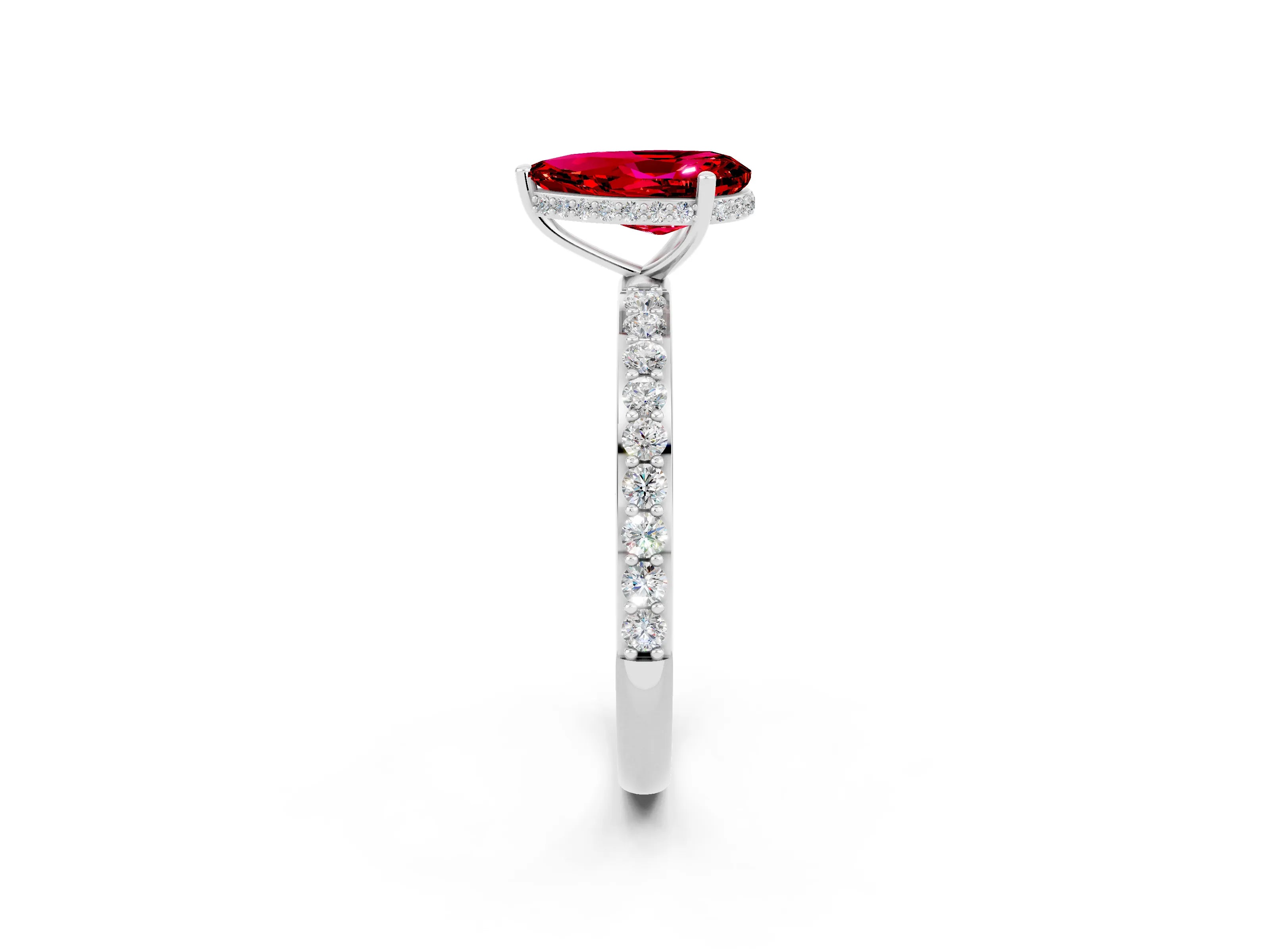 White gold Pear Cut Ruby Solitaire Ring with Pavé Band and Hidden Halo_2