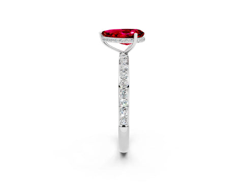 White gold Pear Cut Ruby Solitaire Ring with Pavé Band and Hidden Halo_2