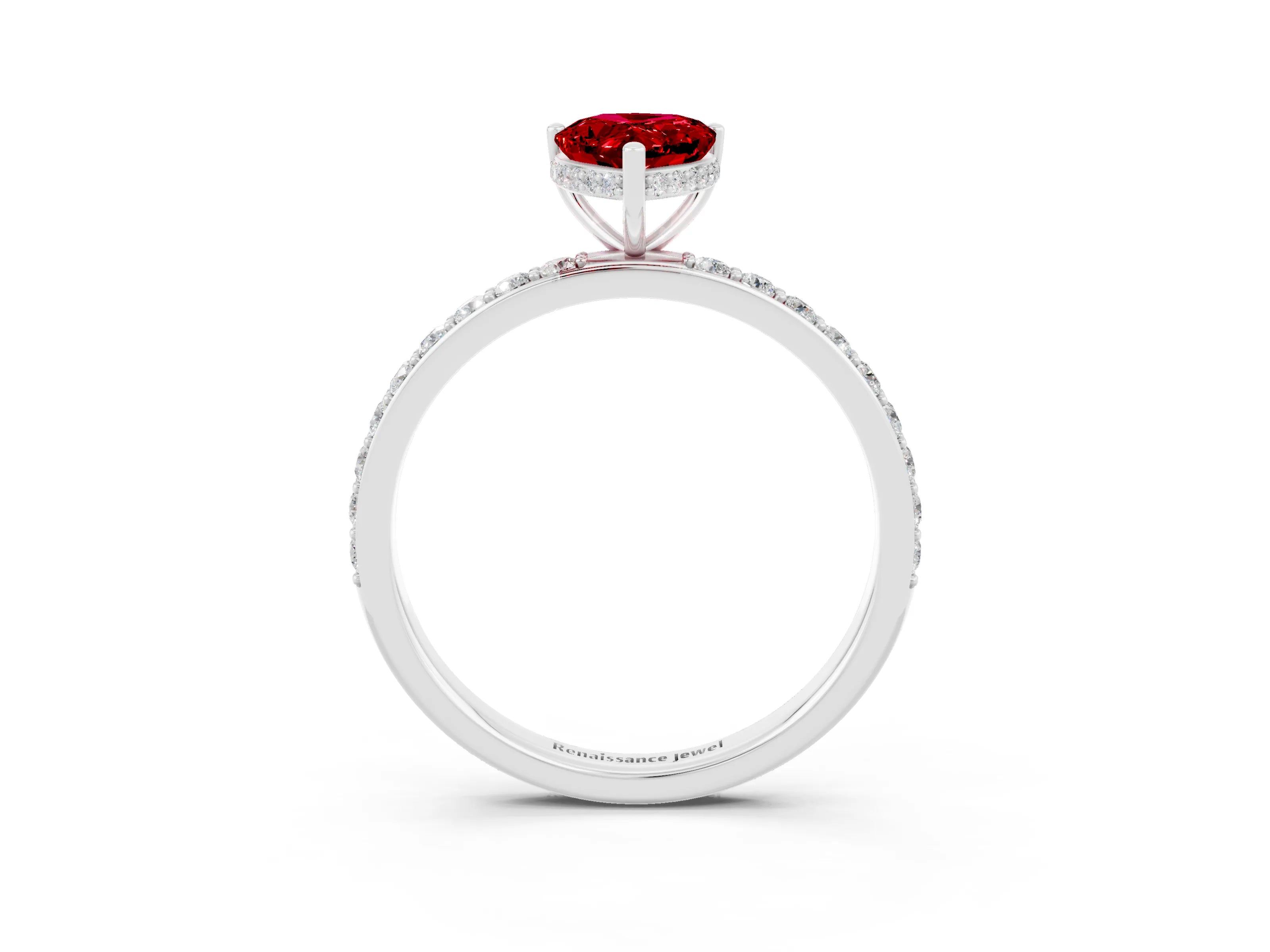 White gold Pear Cut Ruby Solitaire Ring with Pavé Band and Hidden Halo_3