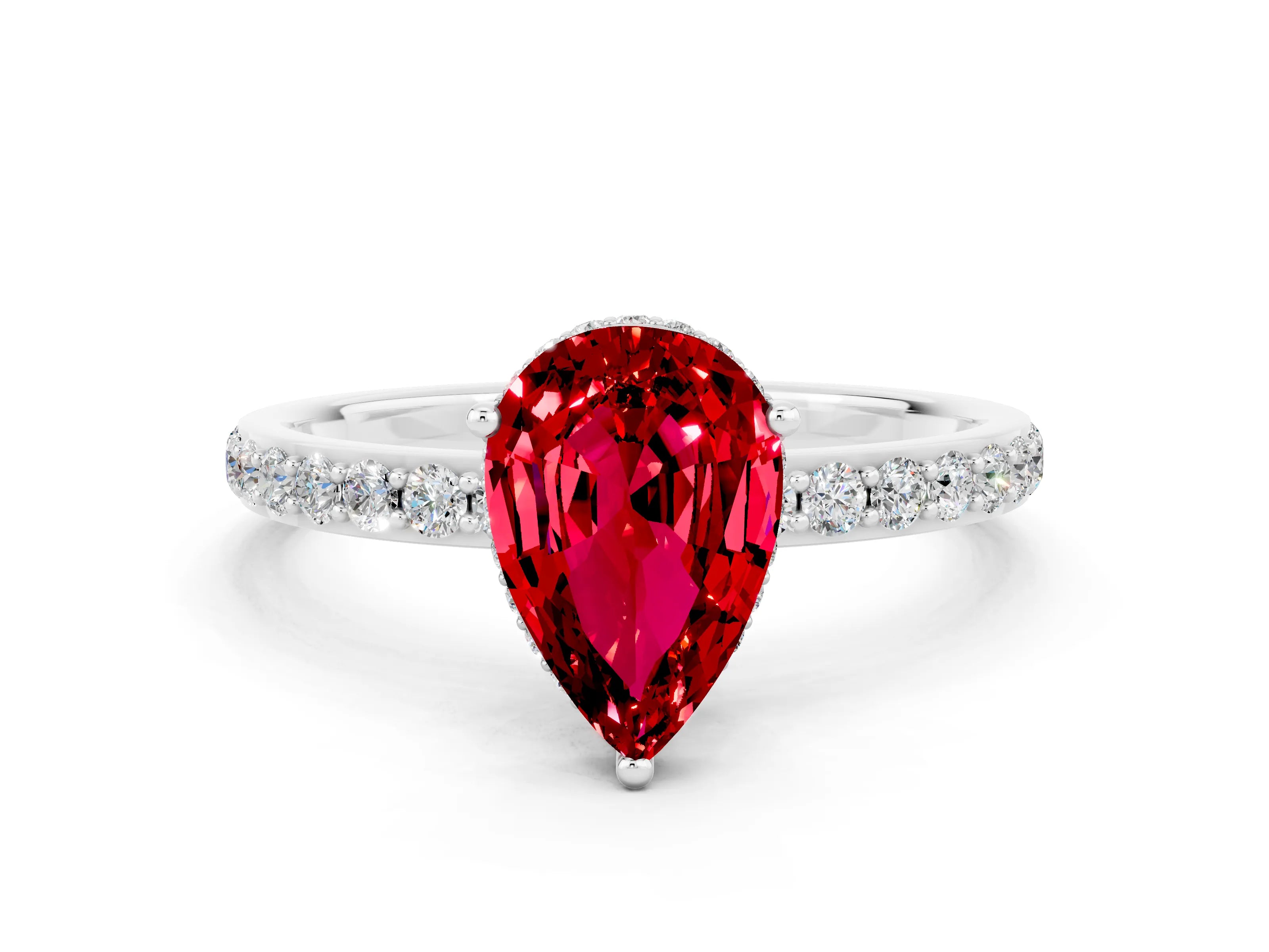 White gold Pear Cut Ruby Solitaire Ring with Pavé Band and Hidden Halo