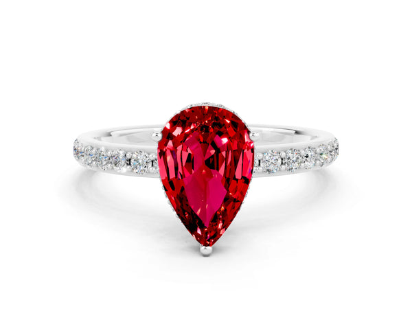 Silver Pear Cut Ruby Solitaire Ring with Pavé Band and Hidden Halo