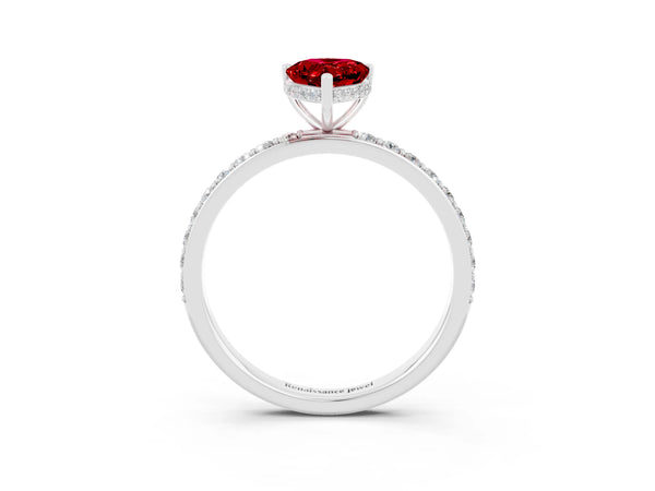 Silver Pear Cut Ruby Solitaire Ring with Pavé Band and Hidden Halo