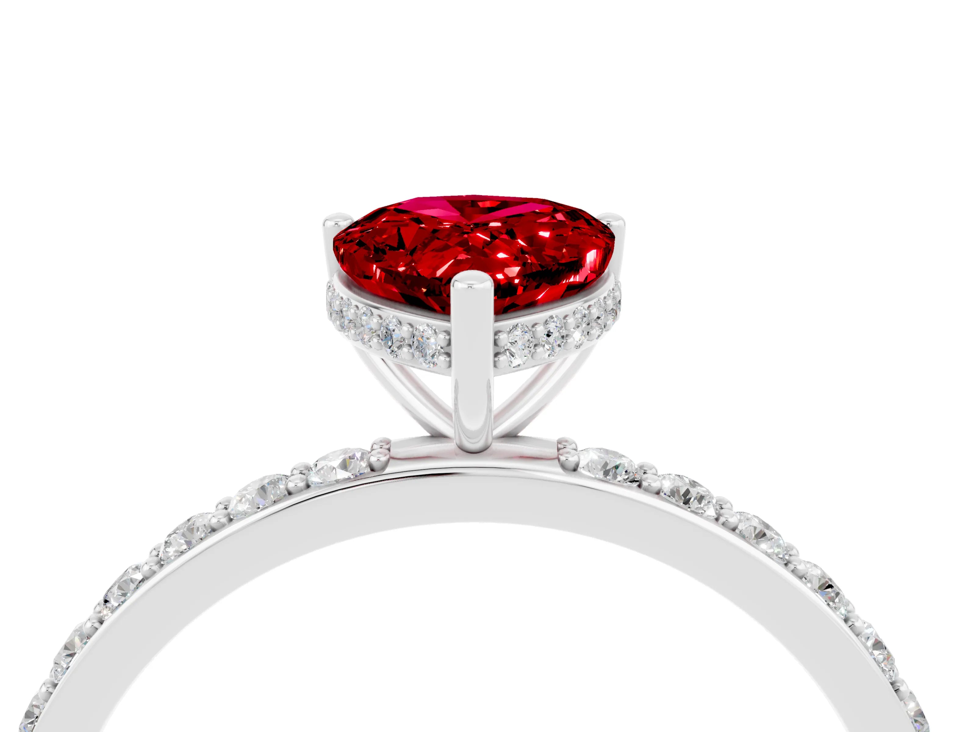 White gold Pear Cut Ruby Solitaire Ring with Pavé Band and Hidden Halo_4