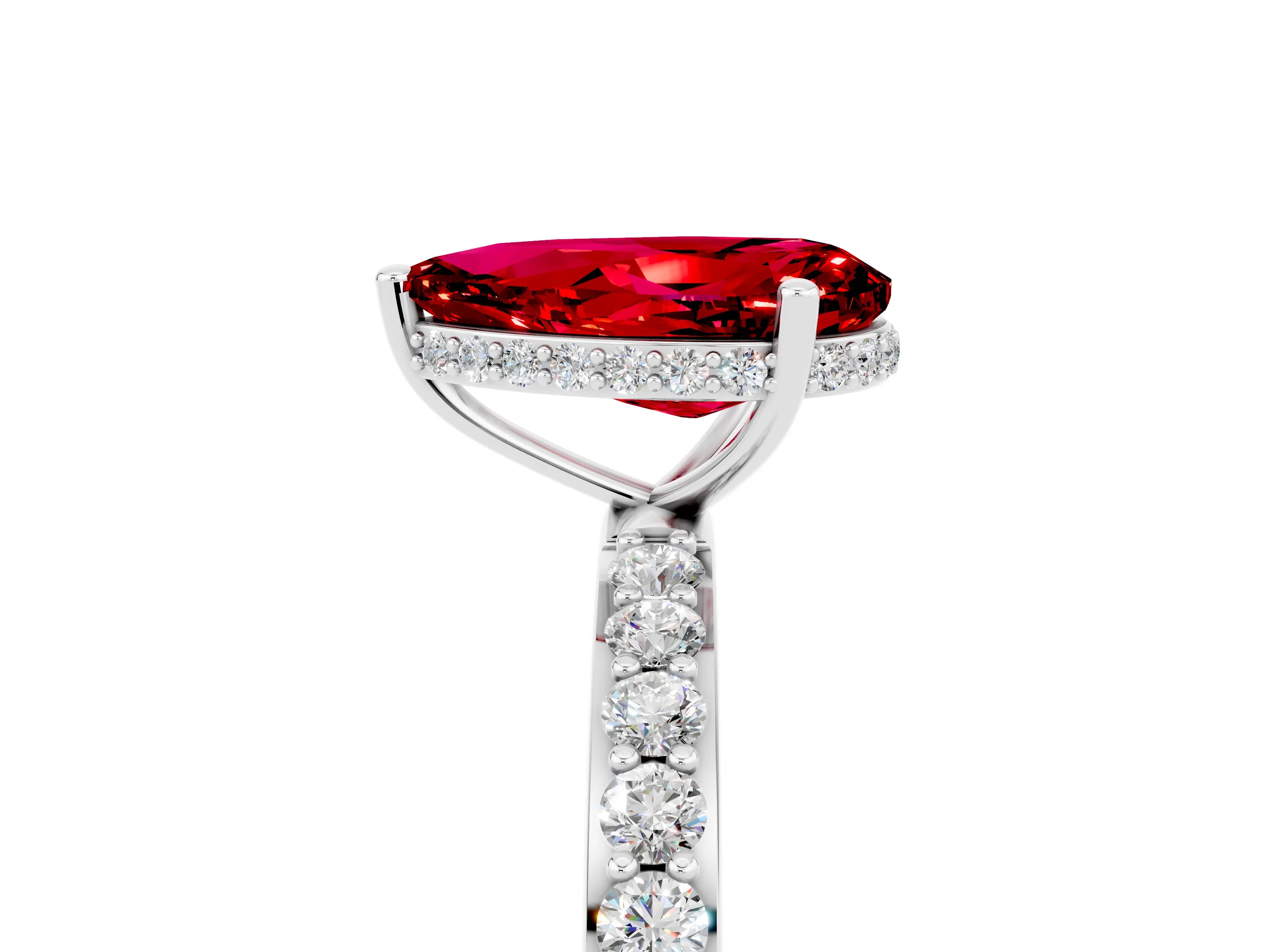 White gold Pear Cut Ruby Solitaire Ring with Pavé Band and Hidden Halo_5