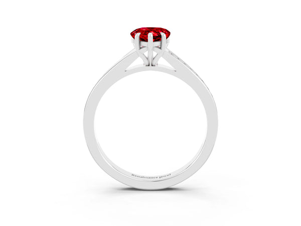 White gold Pear Cut Ruby Solitaire Ring with Pavé Band and Prong Setting