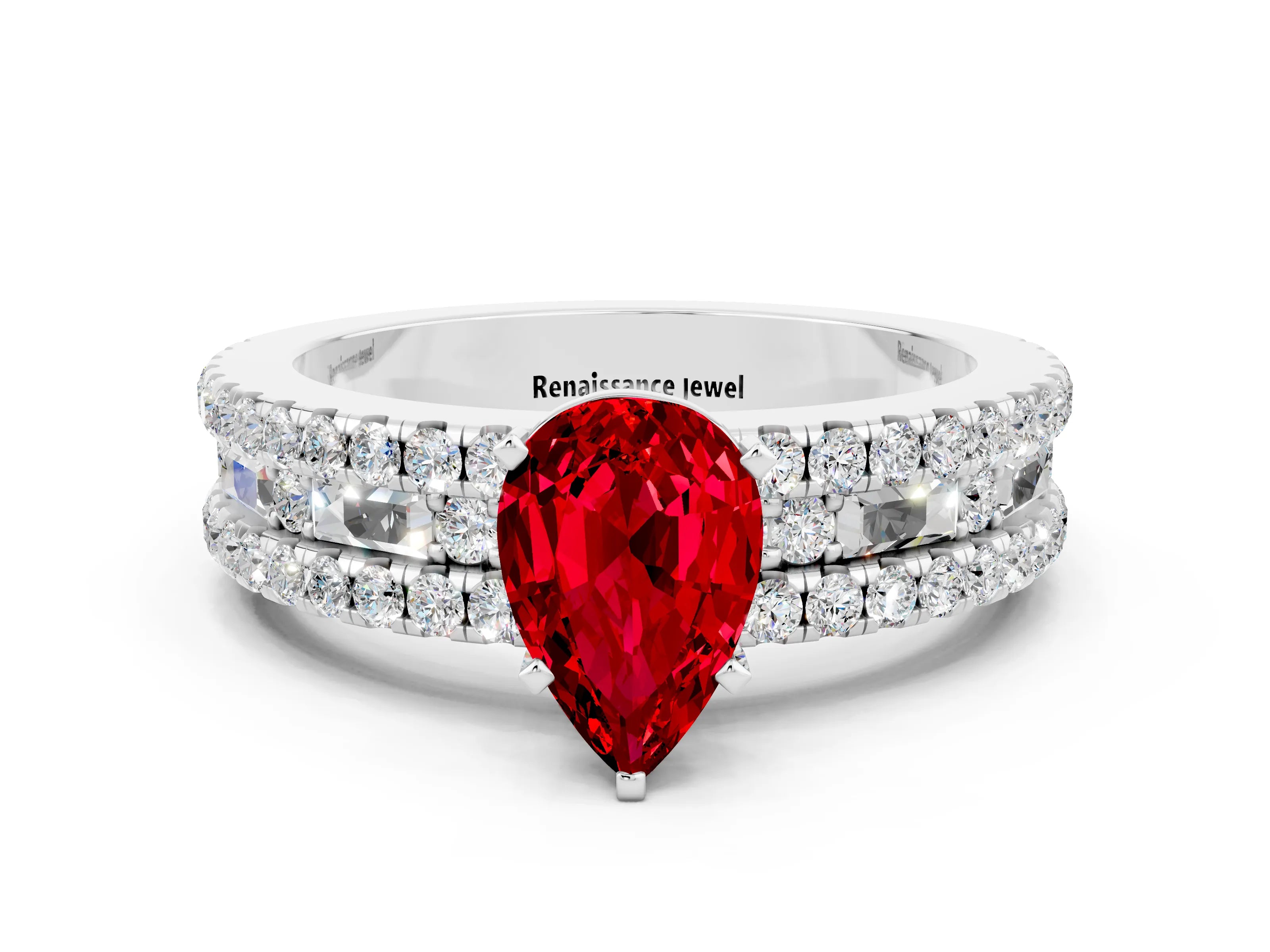 White gold Pear Cut Ruby Solitaire Ring with Pavé and Channel Set Band
