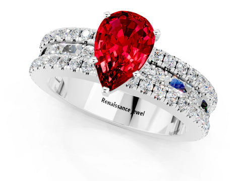White gold Pear Cut Ruby Solitaire Ring with Pavé and Channel Set Band_1