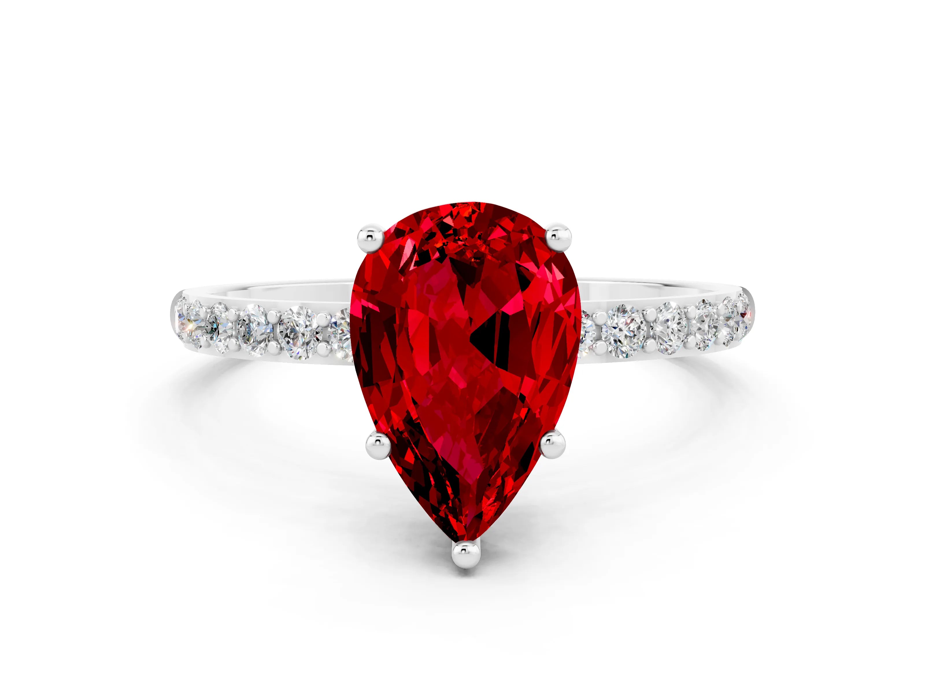 White gold Pear Cut Ruby Solitaire Ring with Pave Band and Four Prong Setting_24