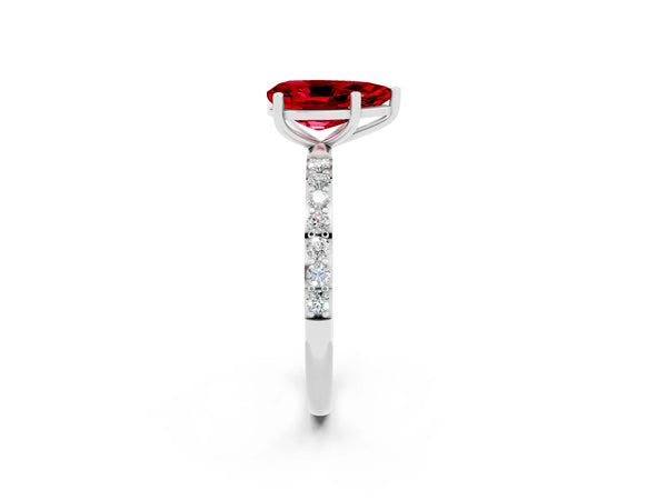 White gold Pear Cut Ruby Solitaire Ring with Round  Pavé Band and Prong Setting