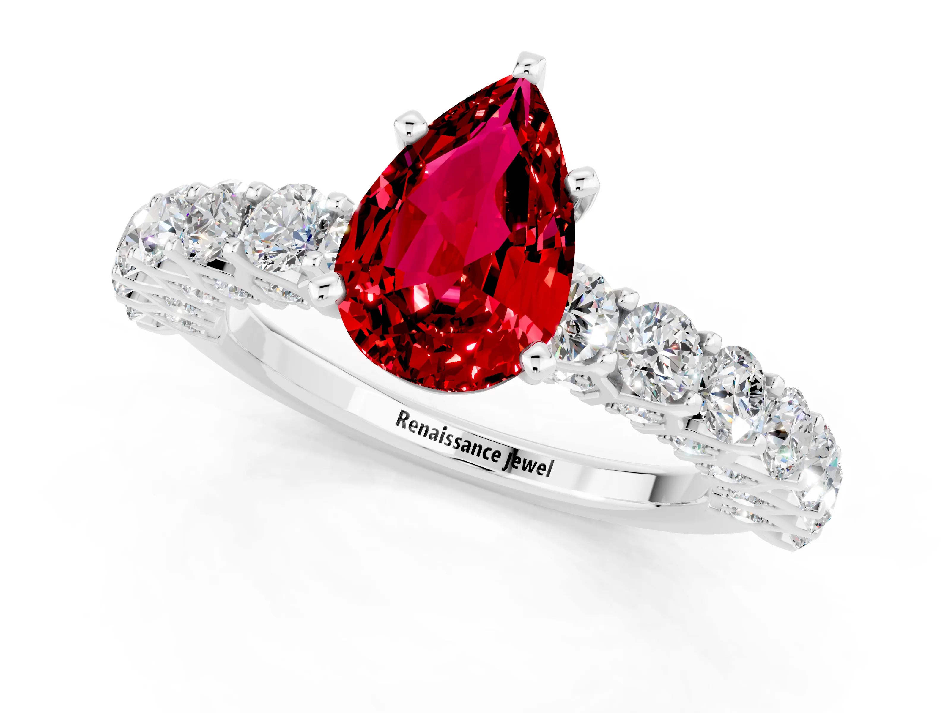 White gold Pear Cut Ruby Solitaire Ring with Shared Prong Pavé Band and Four-Prong Setting_1