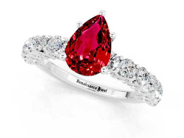 Silver Pear Cut Ruby Solitaire Ring with Shared Prong Pavé Band and Four-Prong Setting