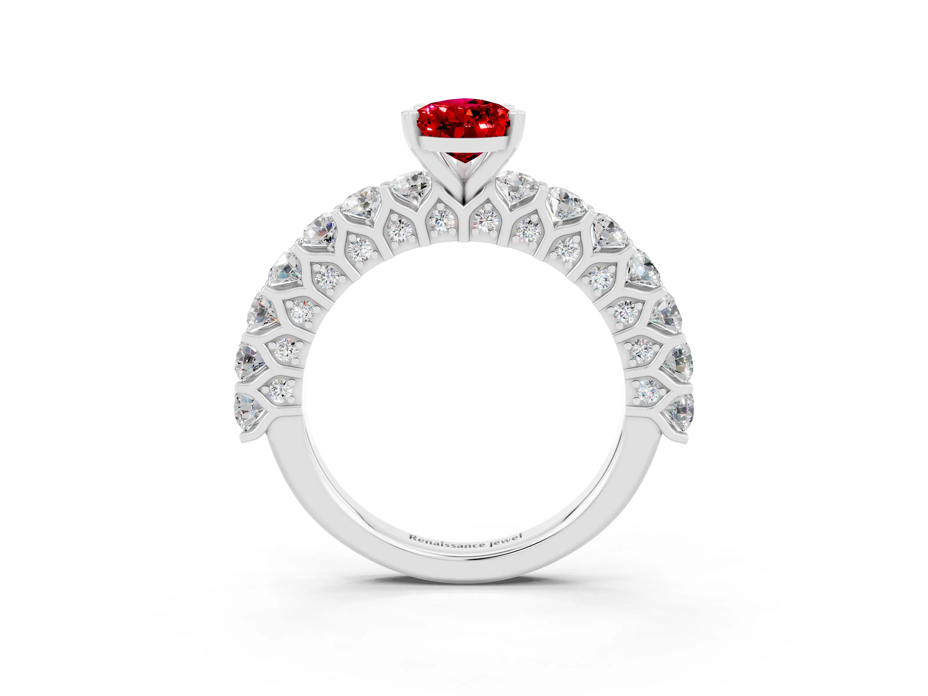 White gold Pear Cut Ruby Solitaire Ring with Shared Prong Pavé Band and Four-Prong Setting_3
