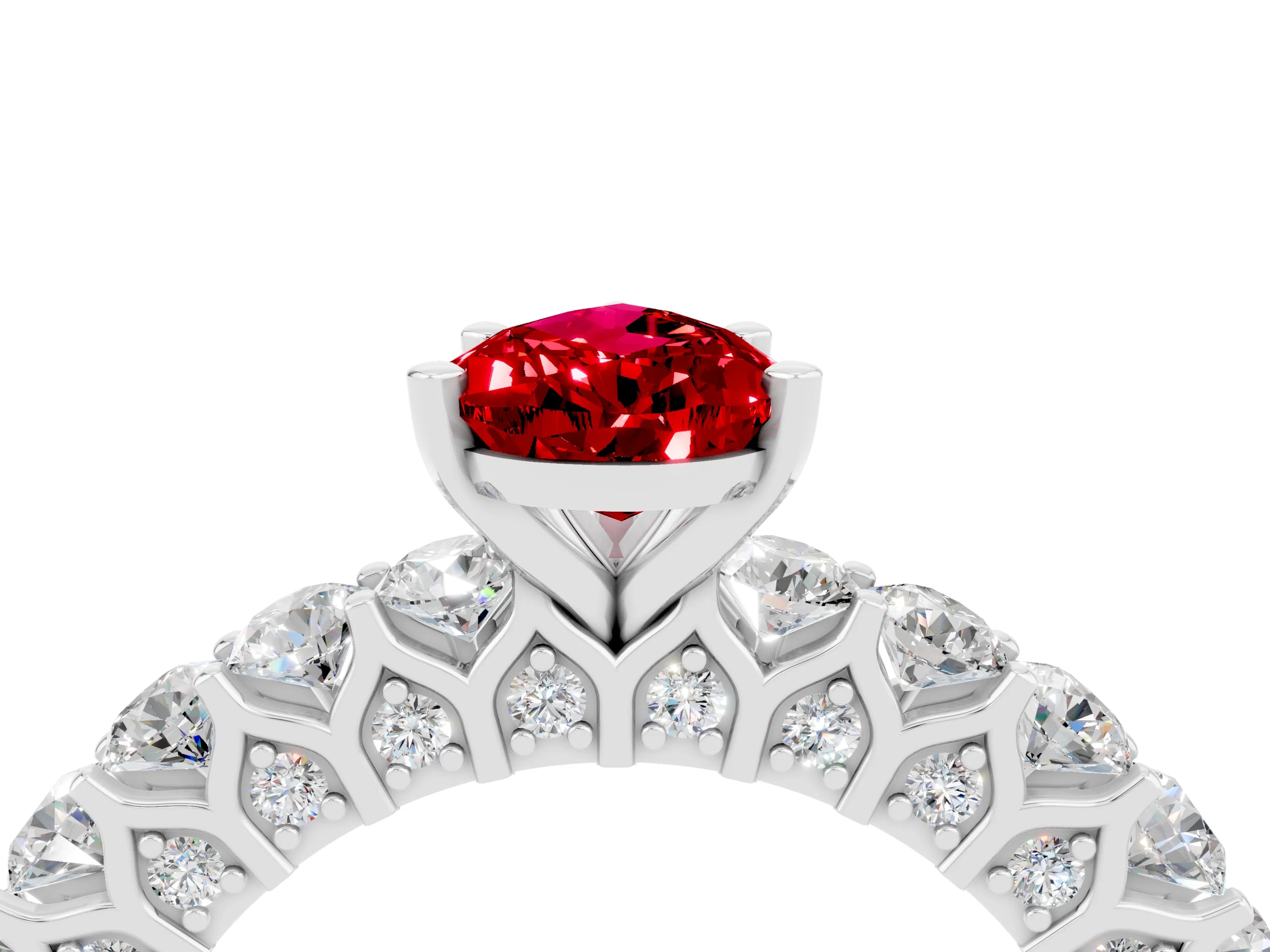 White gold Pear Cut Ruby Solitaire Ring with Shared Prong Pavé Band and Four-Prong Setting_4