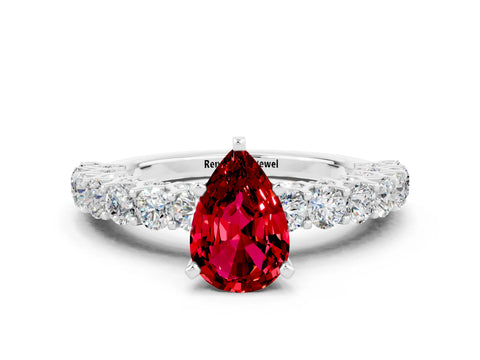 White gold Pear Cut Ruby Solitaire Ring with Shared Prong Pavé Band and Four-Prong Setting